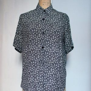 Vintage CLIO Black and White floral flowy print button up blouse